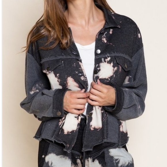 Black Tie Dye French Terry Jacket w/ Distressing - Picture 3 of 5